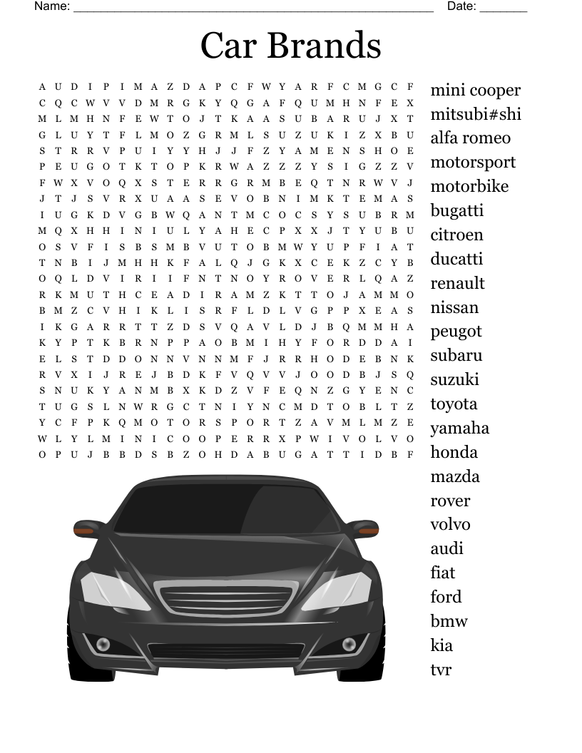 Cars Word Search Printable