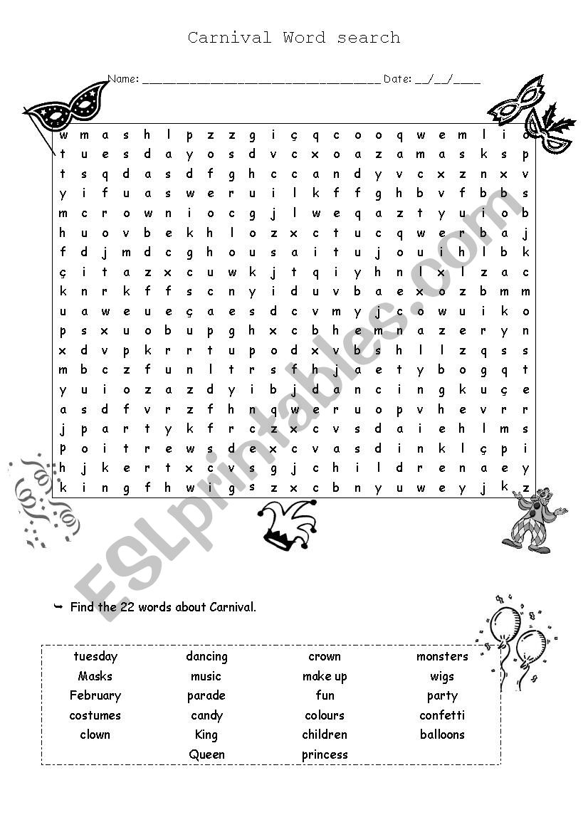 Carnival Word Search ESL Worksheet By KGarcia