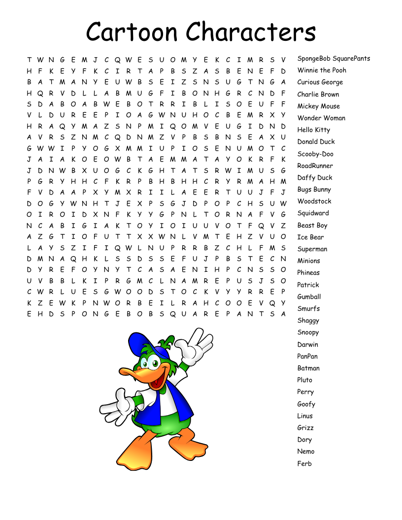 Cartoon Word Search Printable