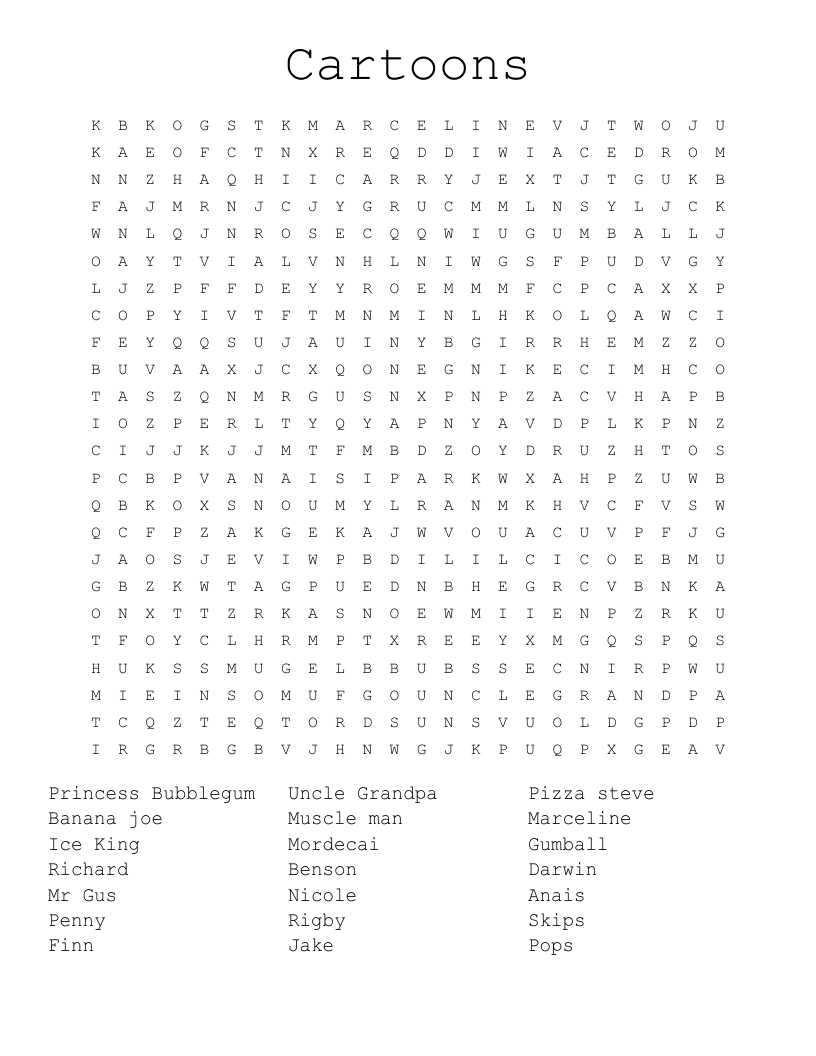 Cartoons Word Search WordMint