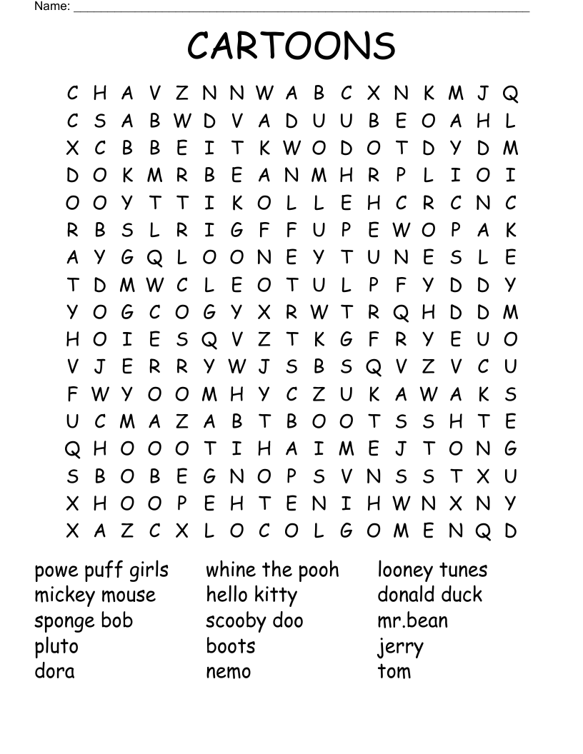 CARTOONS Word Search WordMint