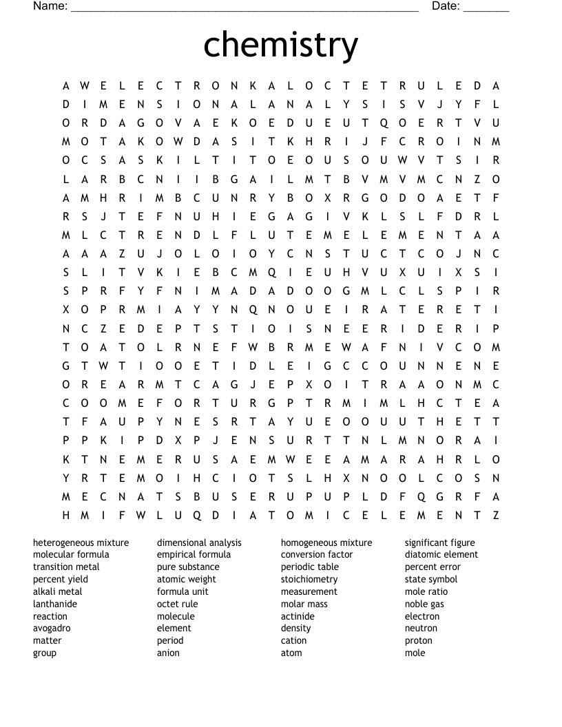 Word Search Chemistry Printable
