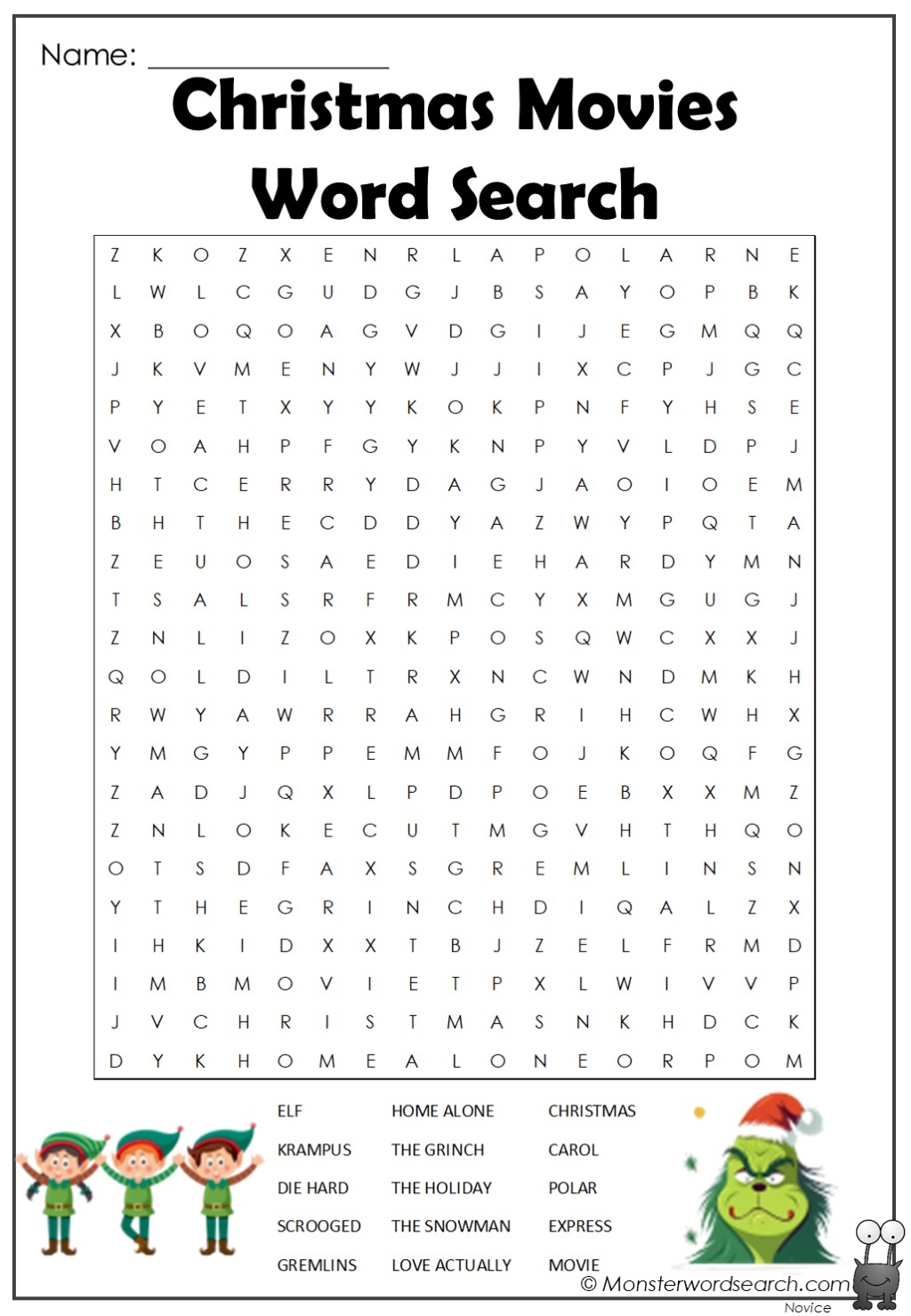 Christmas Movies Word Search Monster Word Search