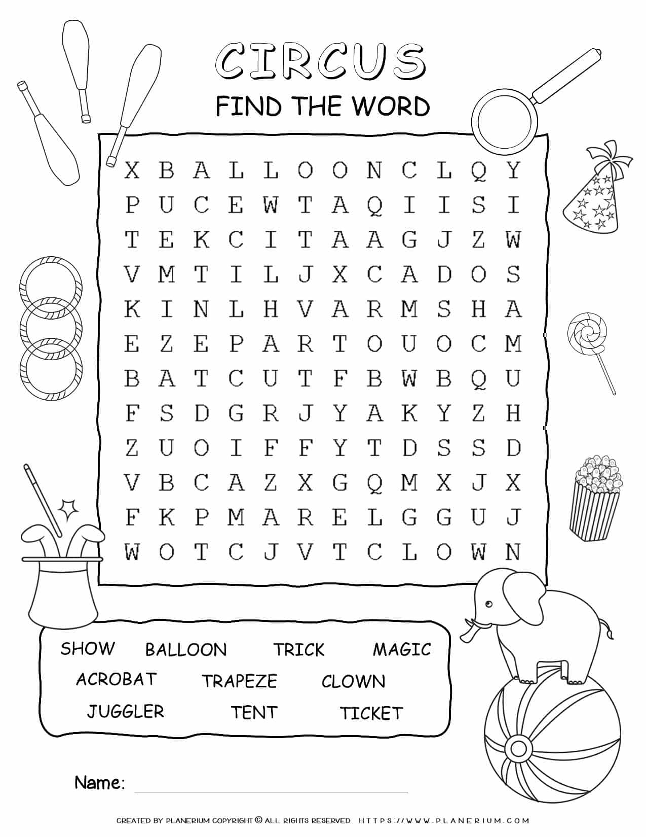 Circus Game Word Search With Ten Words Planerium