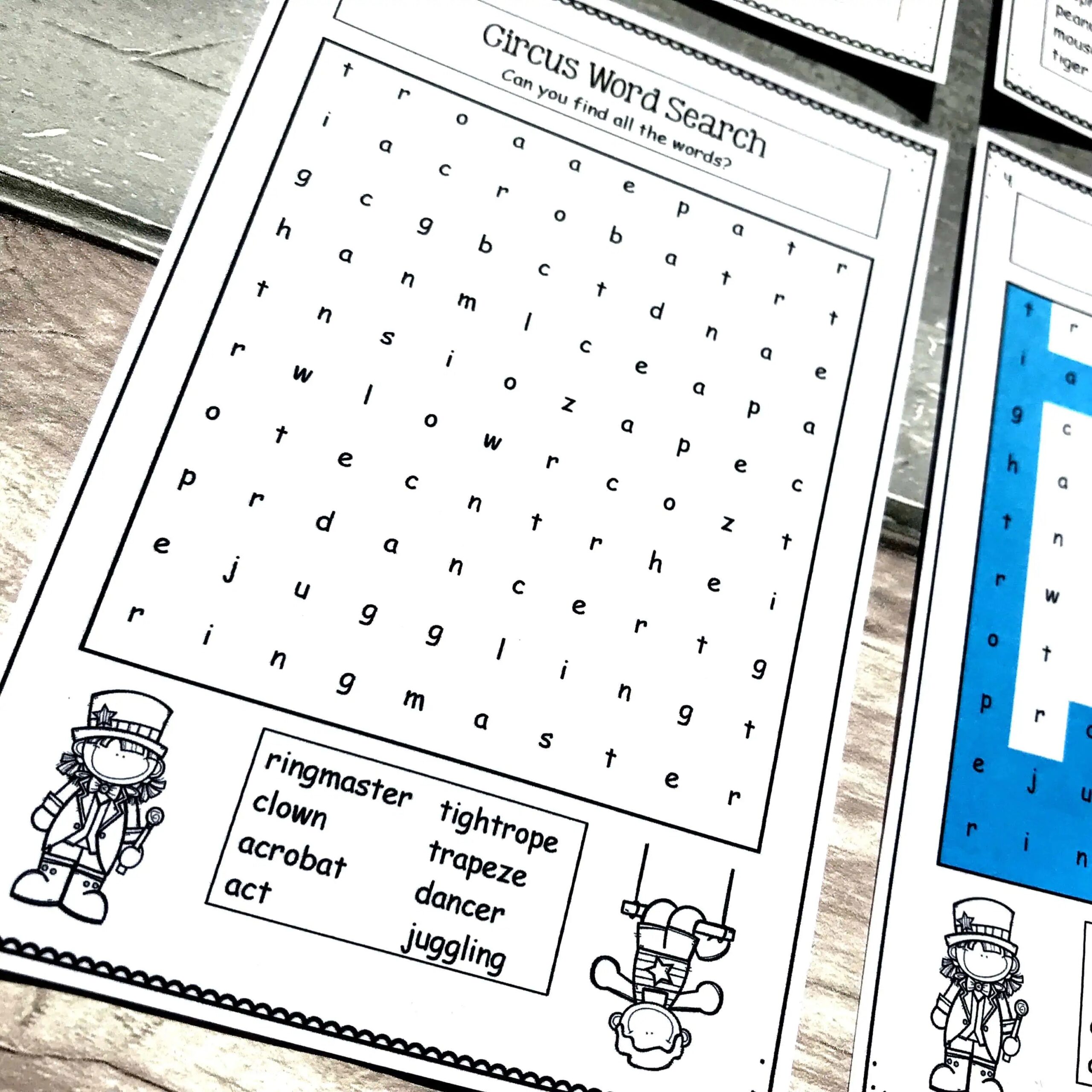 Circus Word Search Activities No Prep