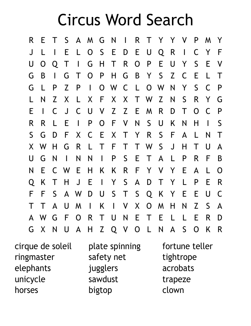 Circus Word Search Printable