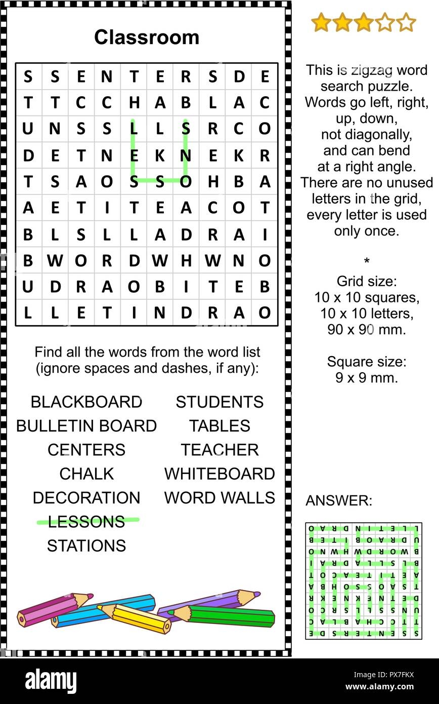 Classroom Themed Zigzag Word Search Puzzle suitable Both For Kids And Adults Answer Included Stock Vector Image U0026 Art Alamy