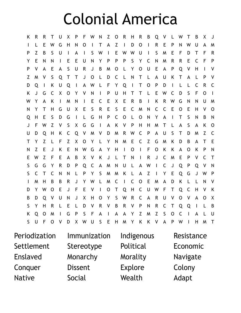 Colonial America Word Search Printable