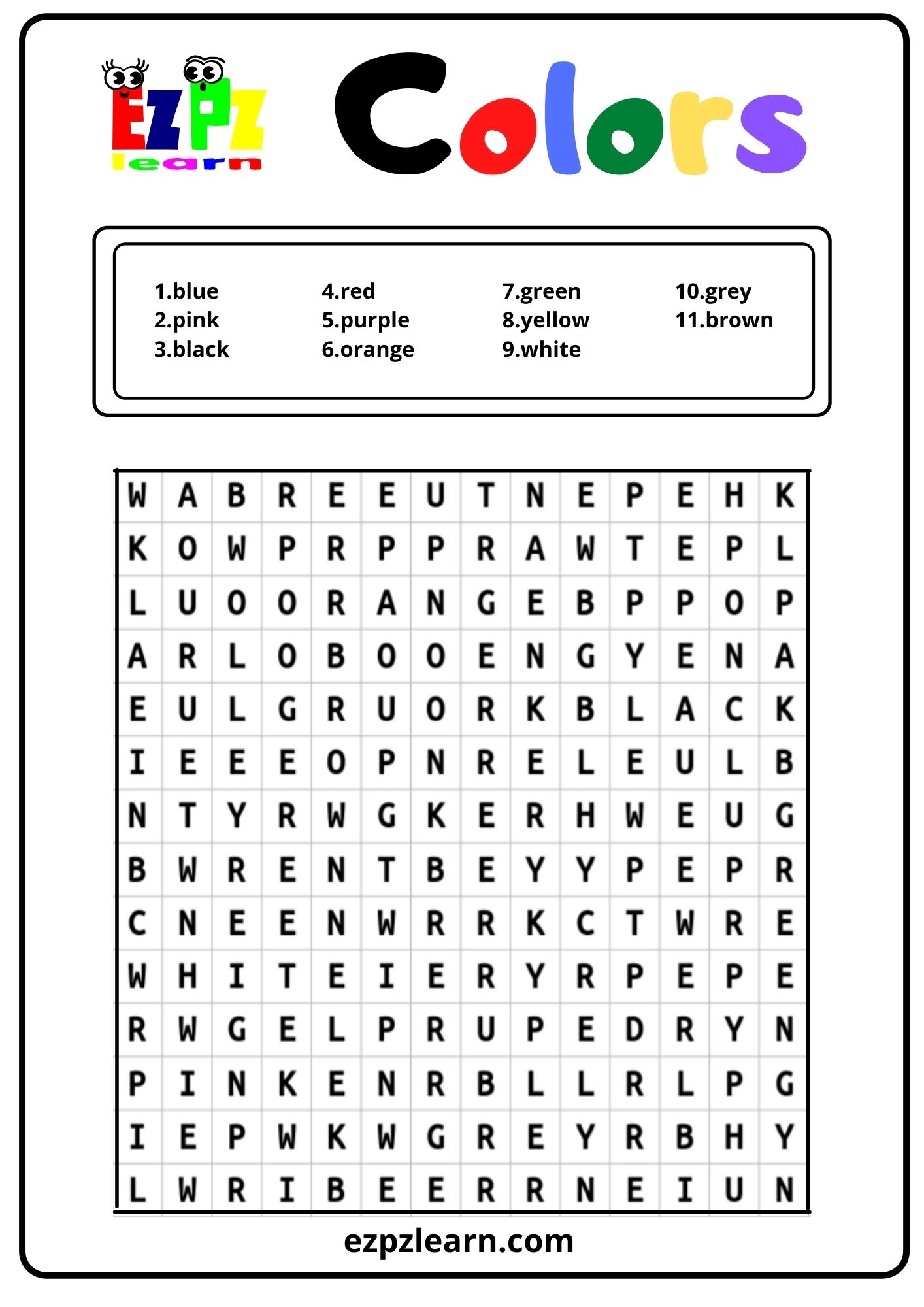 Colors Word Search Printable