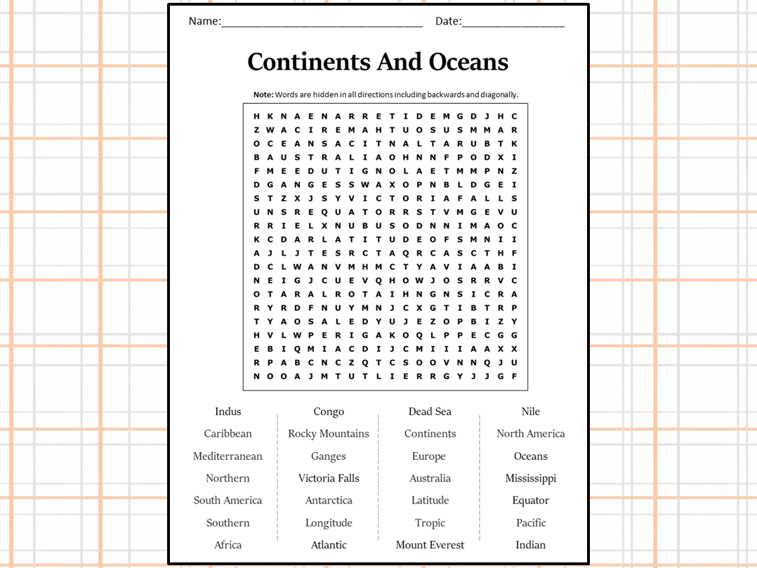 Continents And Oceans Word Search Printable