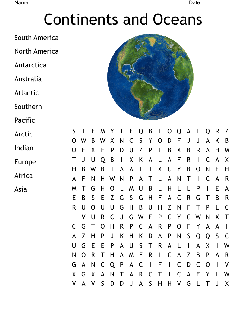 Continents And Oceans Word Search Printable
