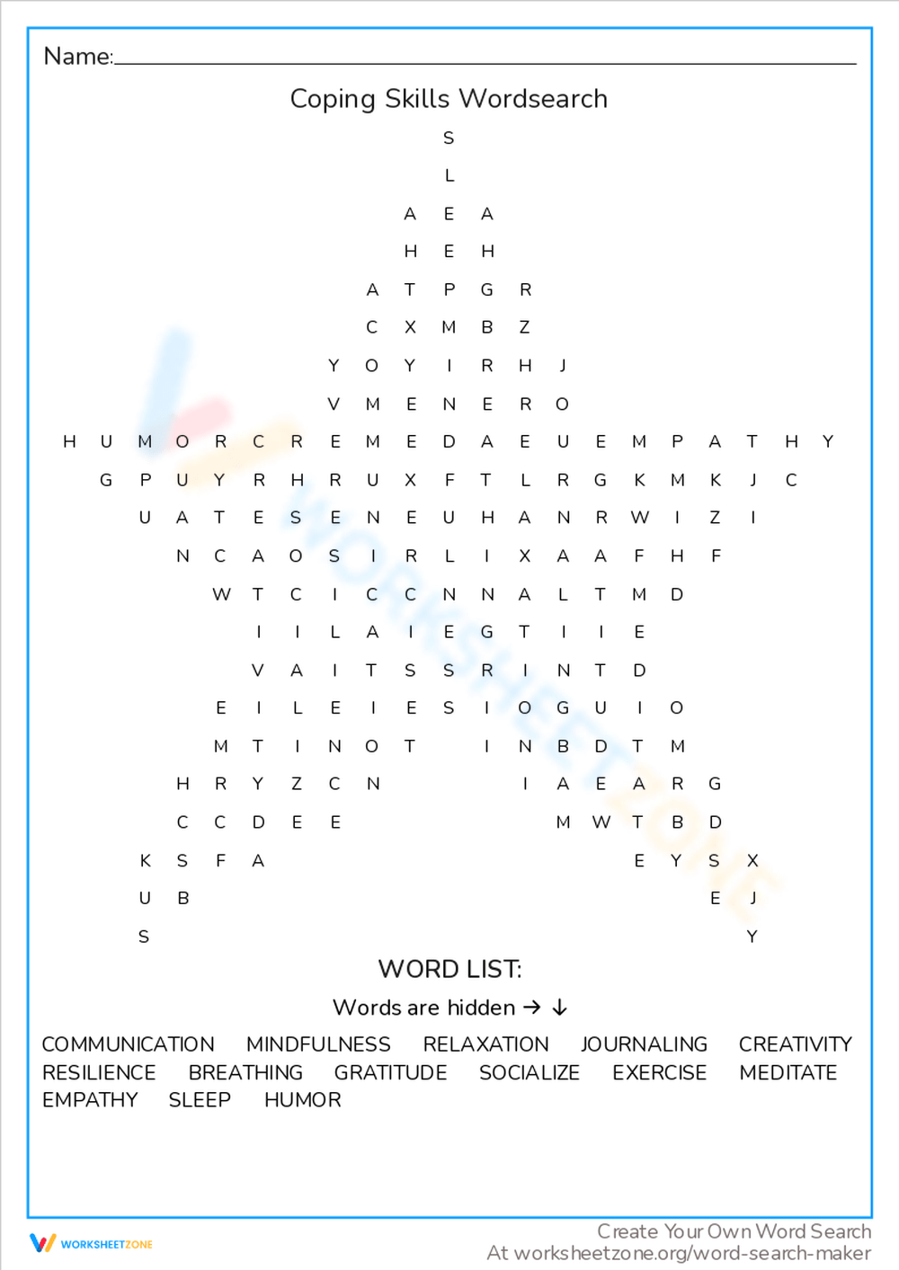 Coping Skills Word Search Printable