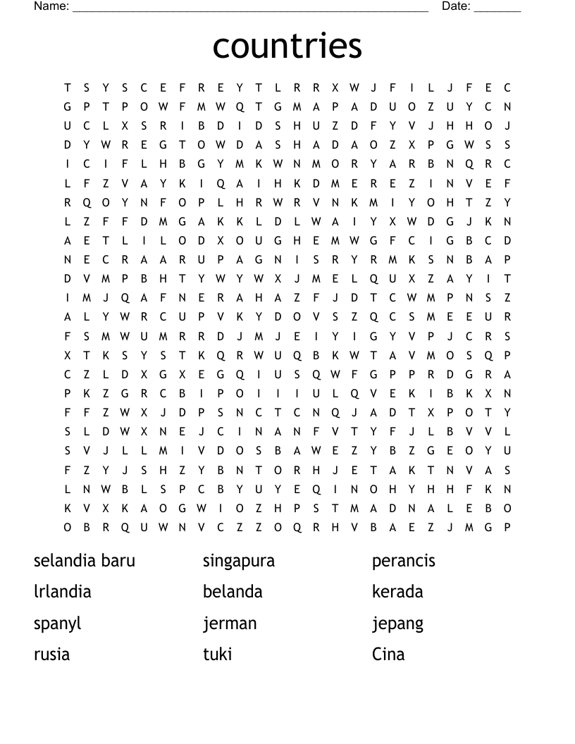 Countries Word Search WordMint Worksheets Library