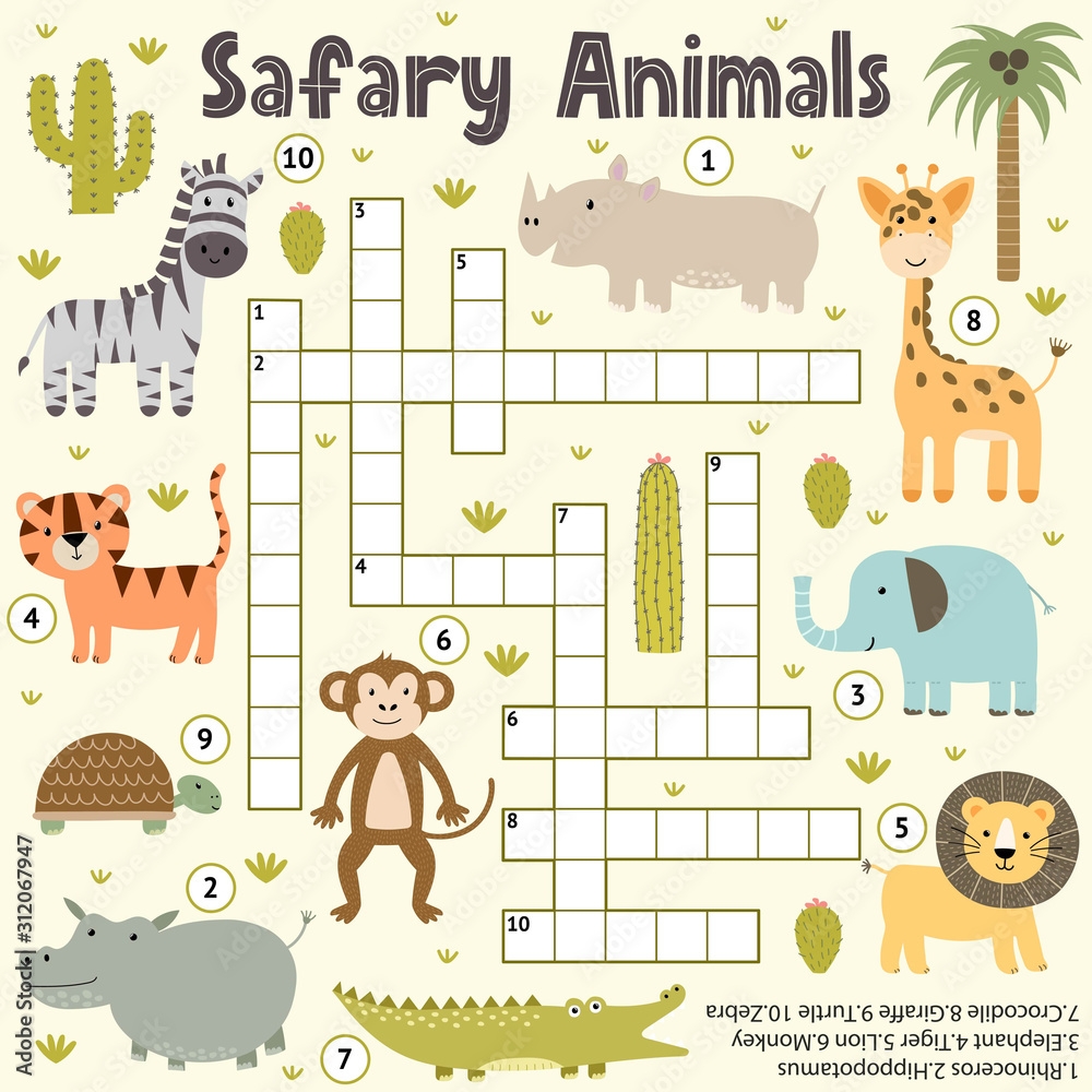 Crossword For Kids With Cute Safari Animals Word Search Puzzle 
