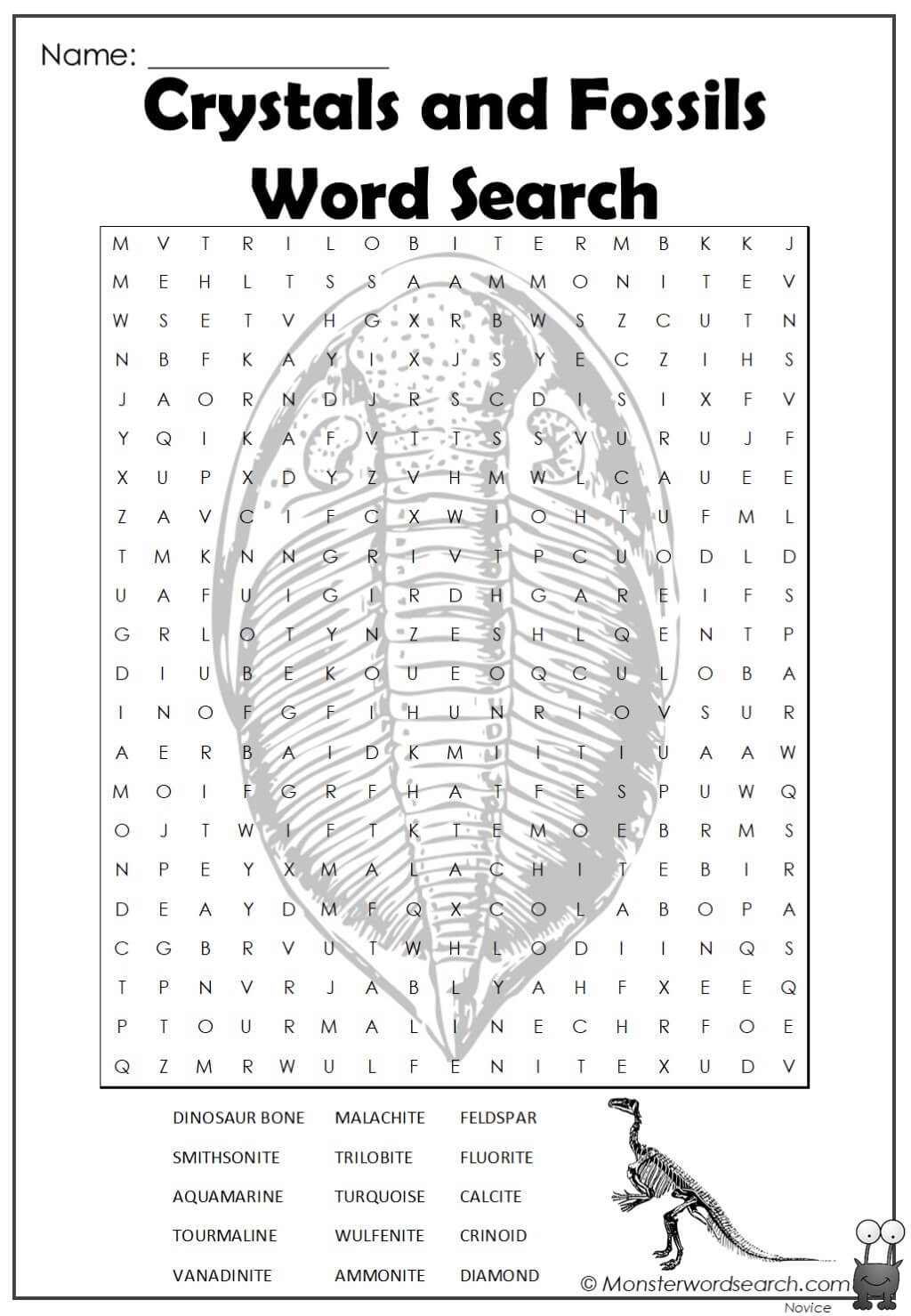 Crystals And Fossils Word Search Monster Word Search