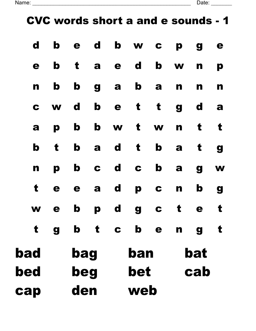 CVC Words Short A And E Sounds 1 Word Search WordMint
