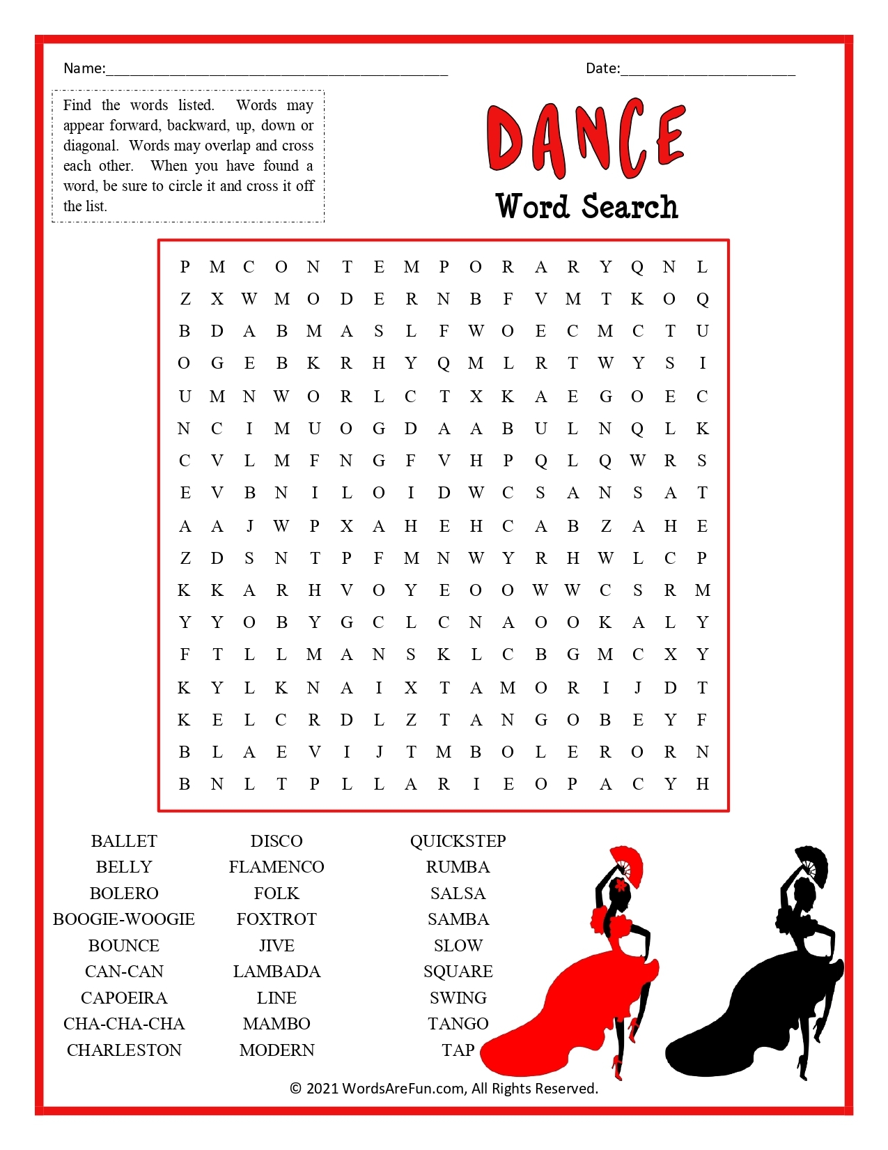 Dance Word Search Printable
