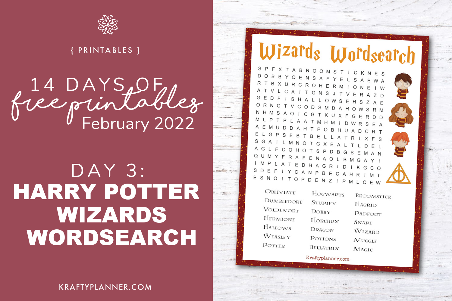 DAY 3 Free Printable Harry Potter Wizards Wordsearch Krafty Planner