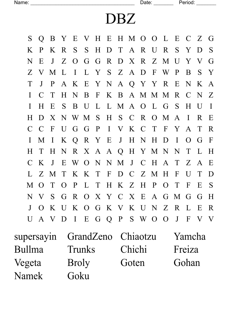 DBZ Word Search WordMint