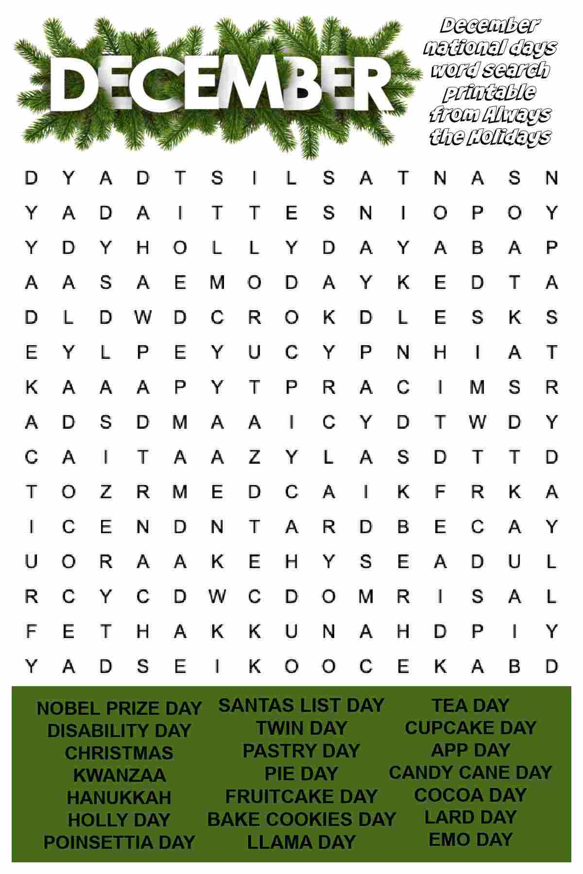Free Printable December Word Search