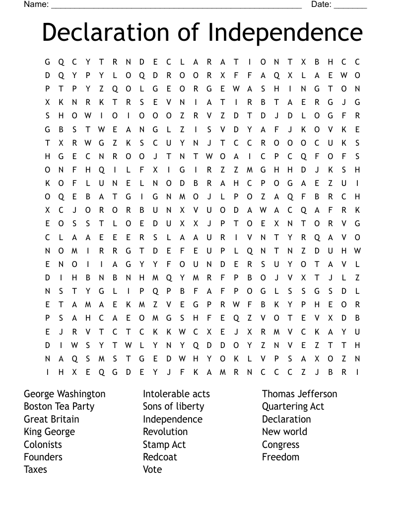 Declaration Of Independence Word Search WordMint