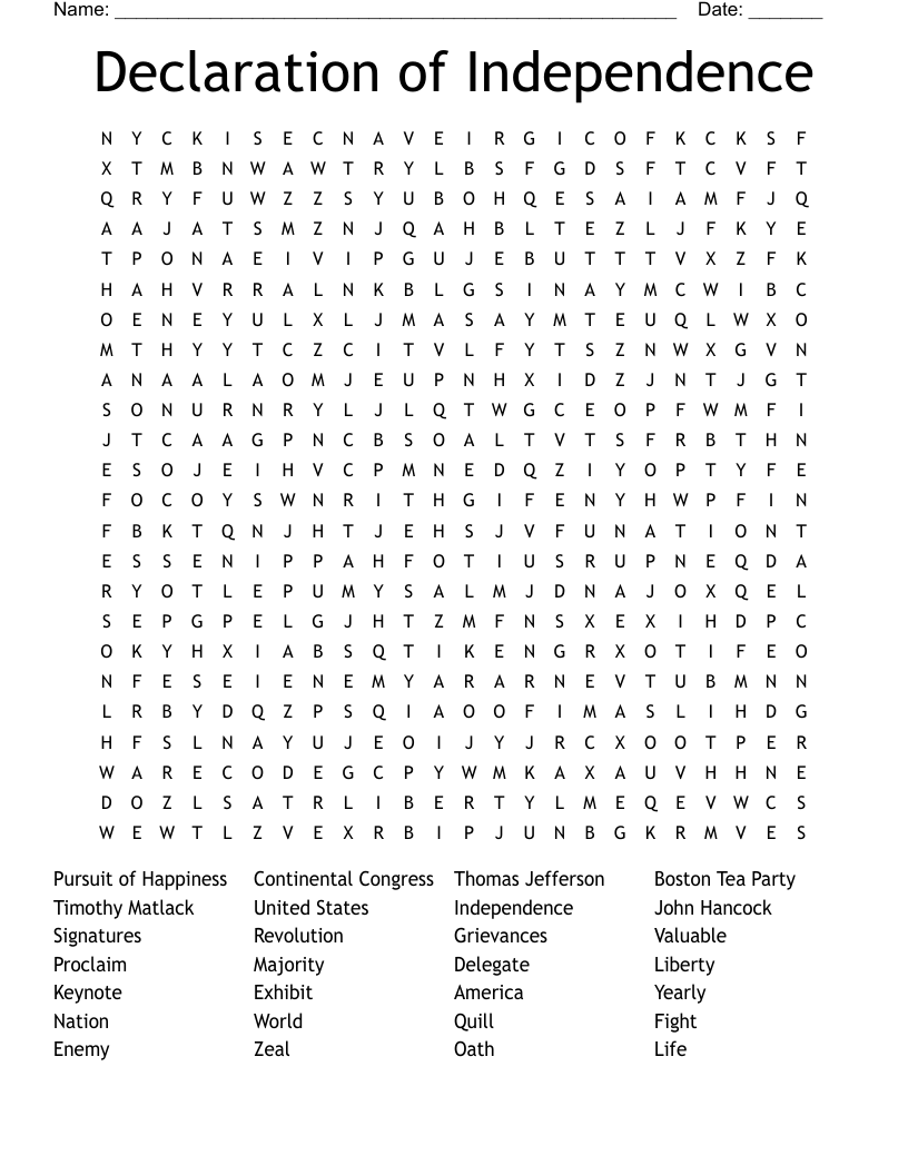 Declaration Of Independence Word Search Printable
