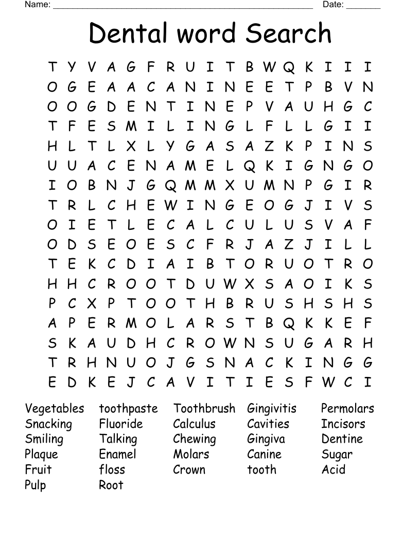 Dental Word Search Printable