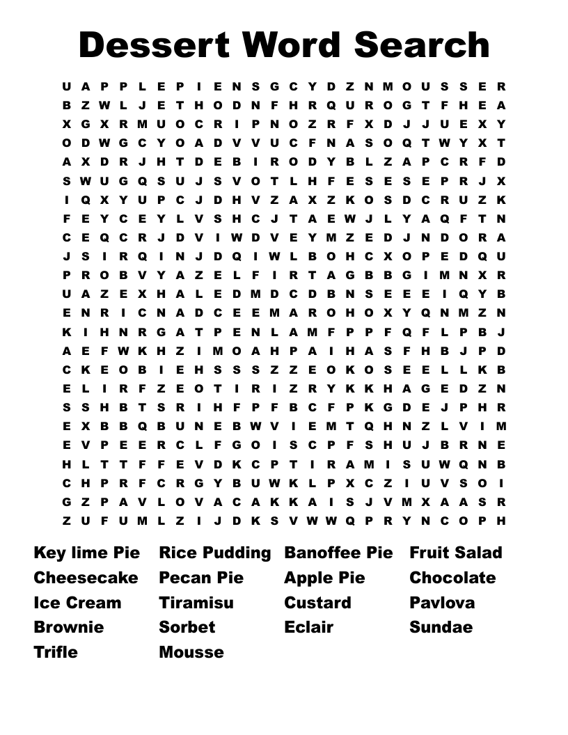 Dessert Word Search Printable
