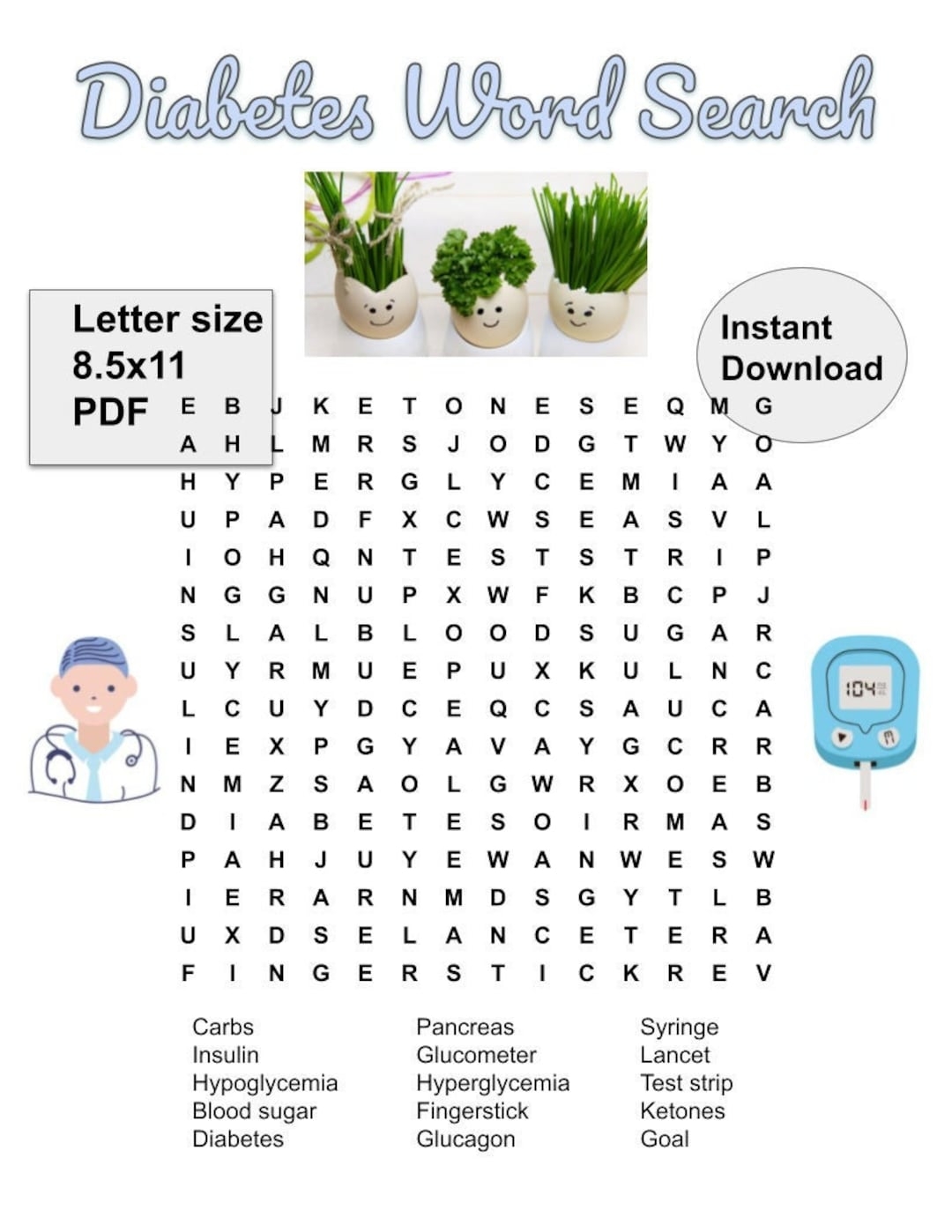 Diabetes Word Search Printable Instant Download Activities Party Games Etsy Australia