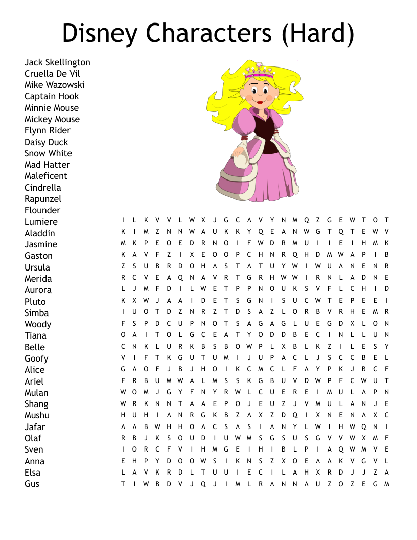 Disney Characters Hard Word Search WordMint