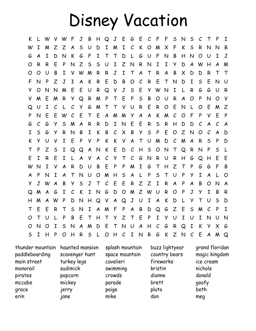 Disney Vacation Word Search WordMint