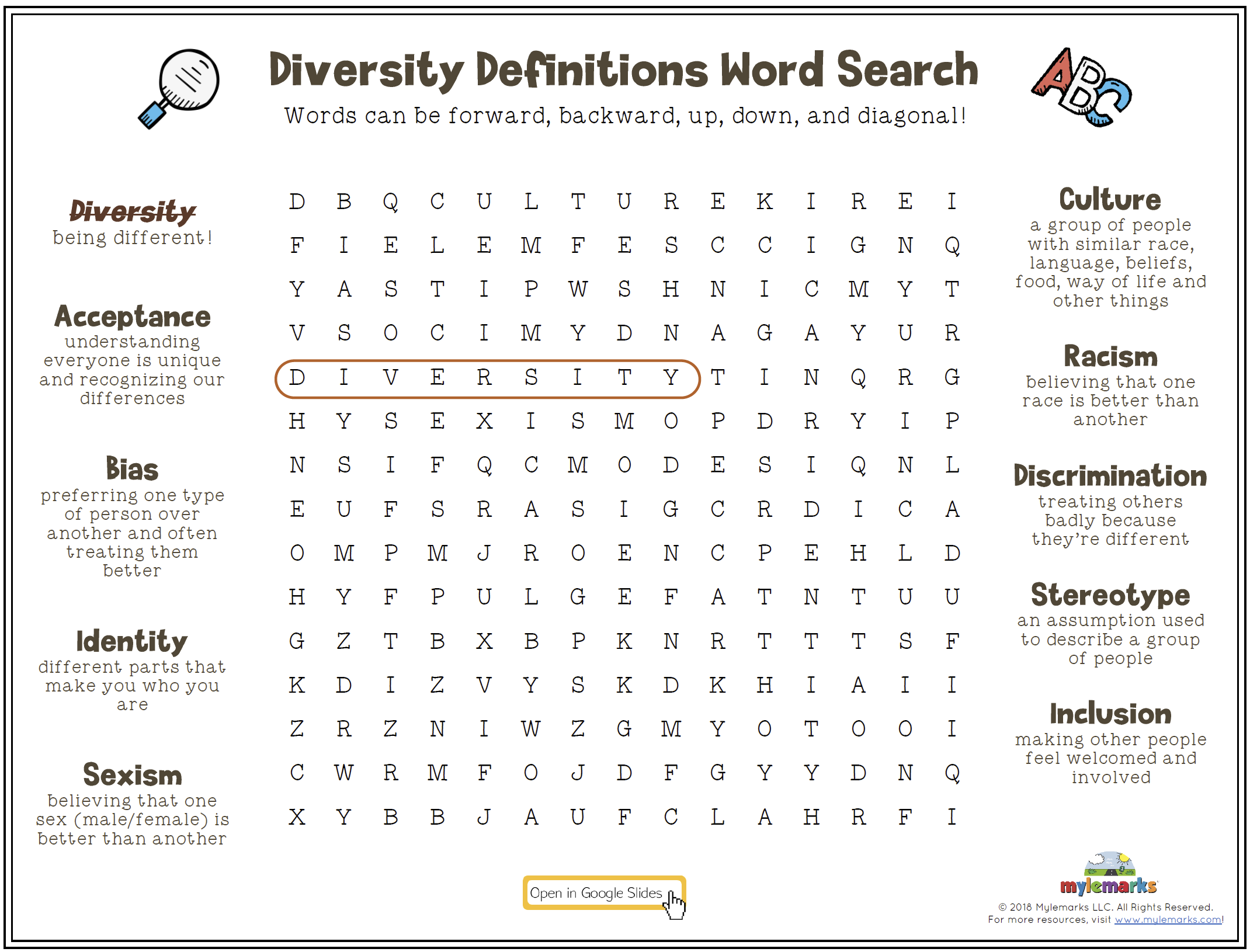 Diversity Word Search Printable