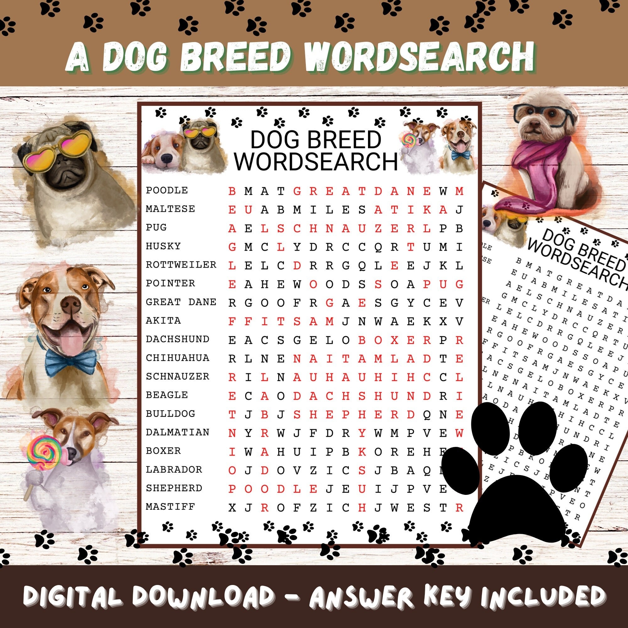 Dog Breed Wordsearch Printable With Answers Fun Game Dog Game Wordsearch Activity Etsy