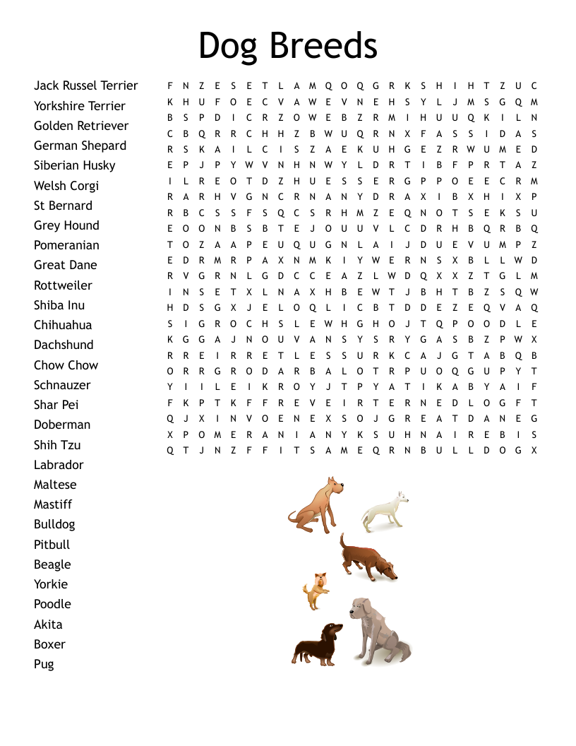 Dog Breed Word Search Printable