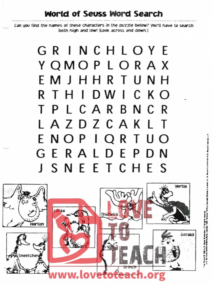 Dr Seuss Word Search LoveToTeach