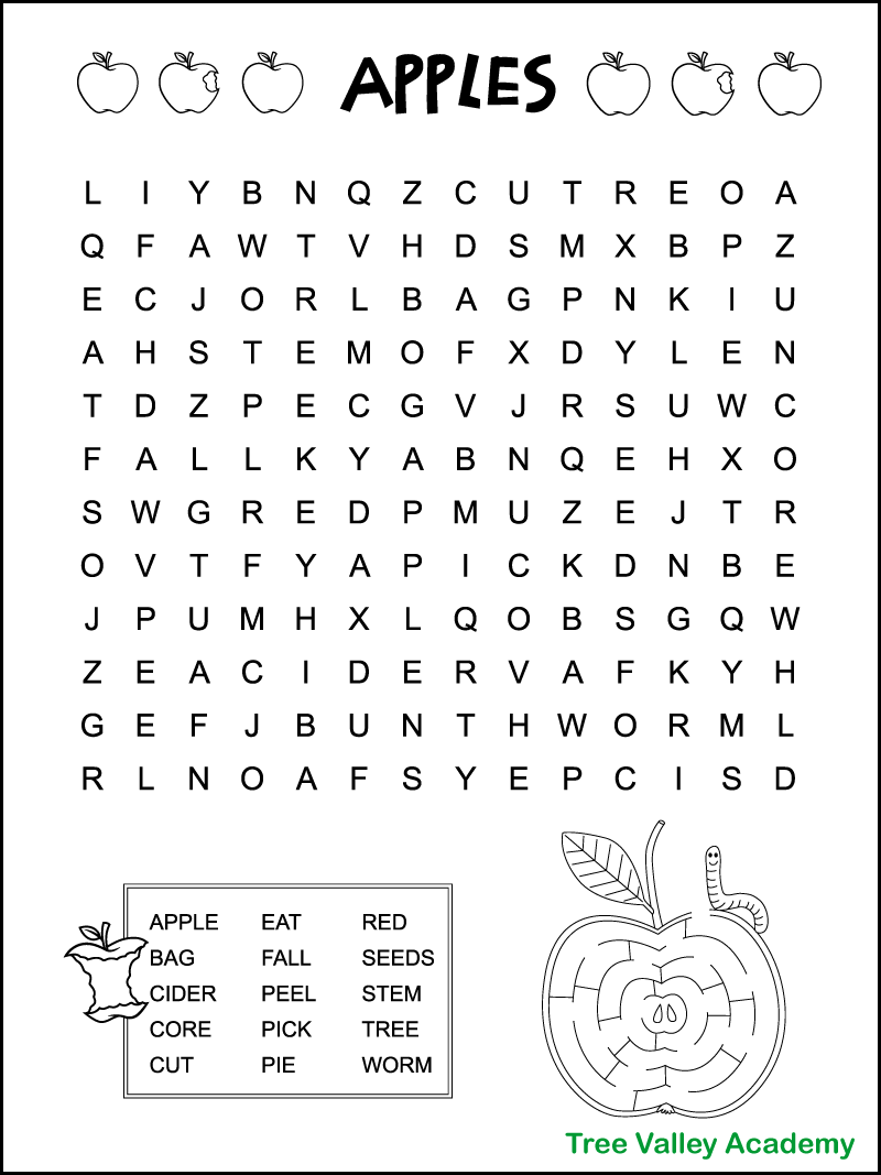 Apple Word Search Puzzle Printable