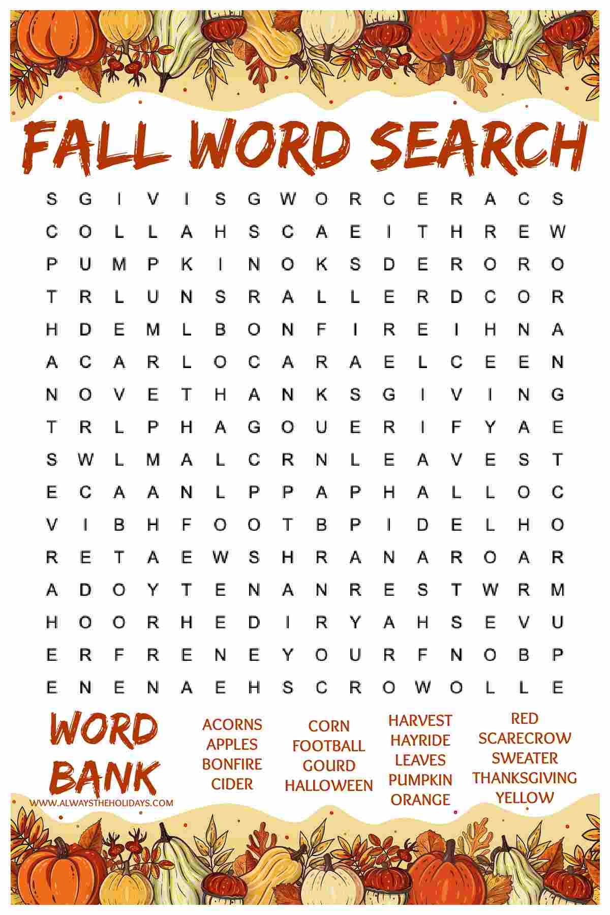 Word Search Printable Fall