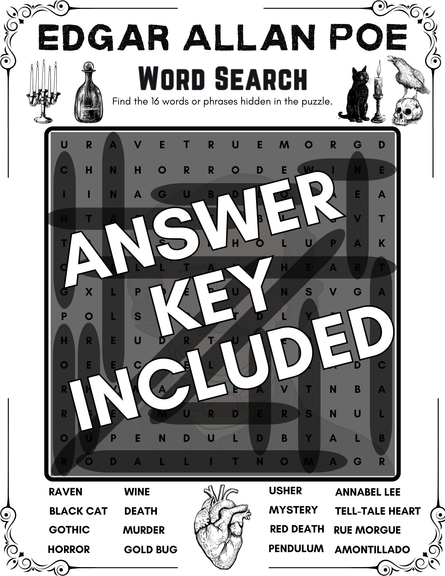 Edgar Allan Poe Word Search Puzzle Instant Digital Download Printable Party Game For Fans And Learning About The Master Of The Macabre Etsy