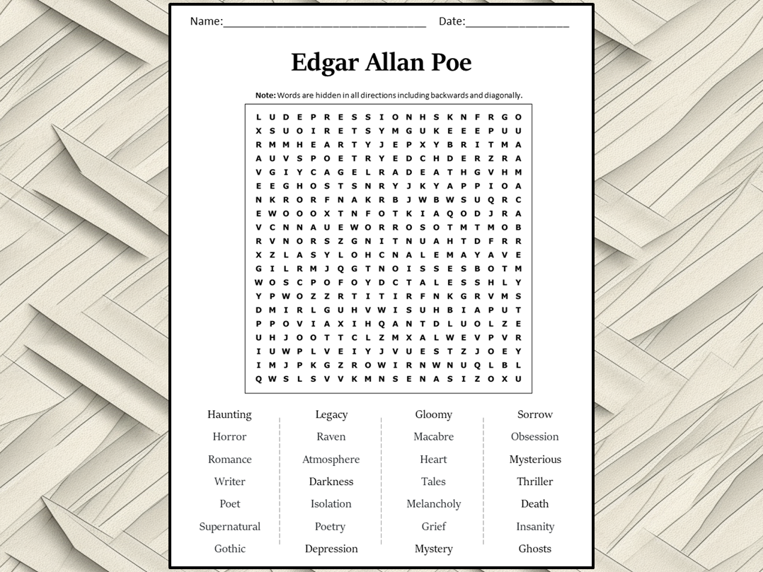 Edgar Allan Poe Word Search Puzzle Worksheet Activity Teaching Resources