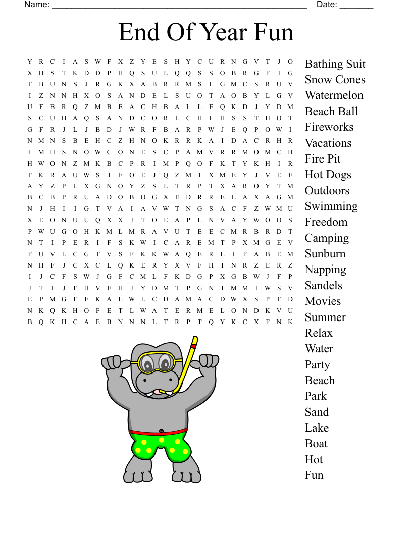 End Of School Word Search Printable