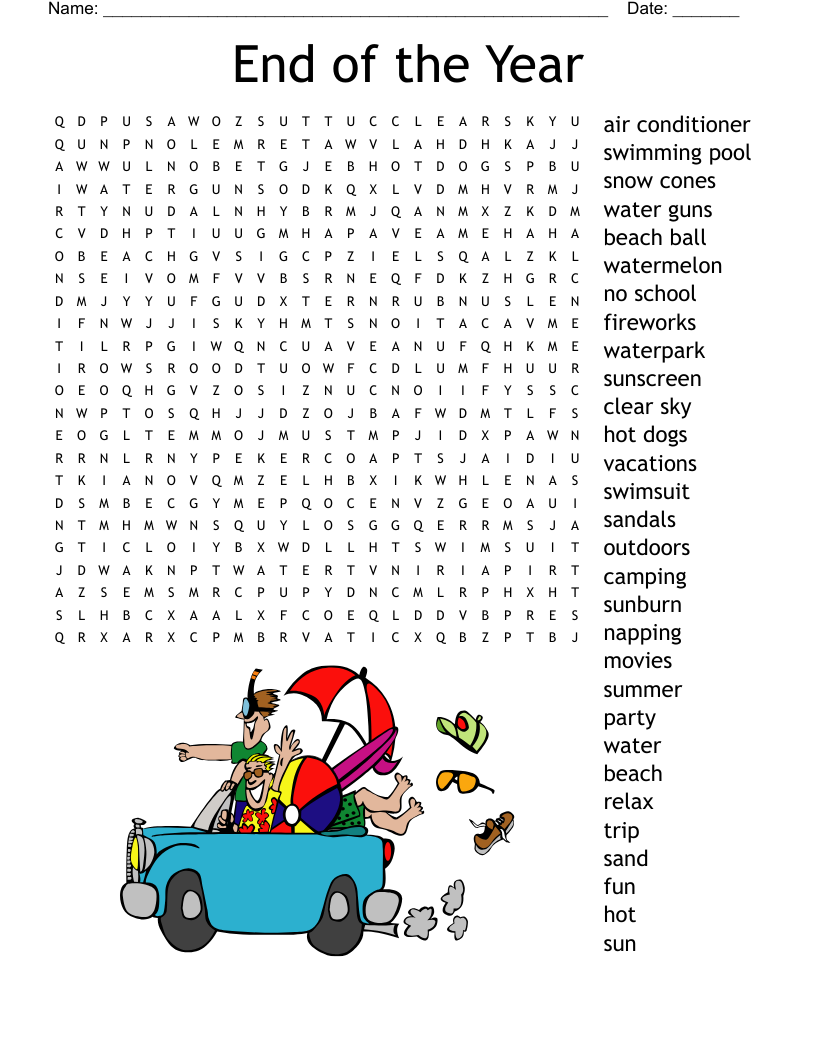 End Of School Word Search Printable