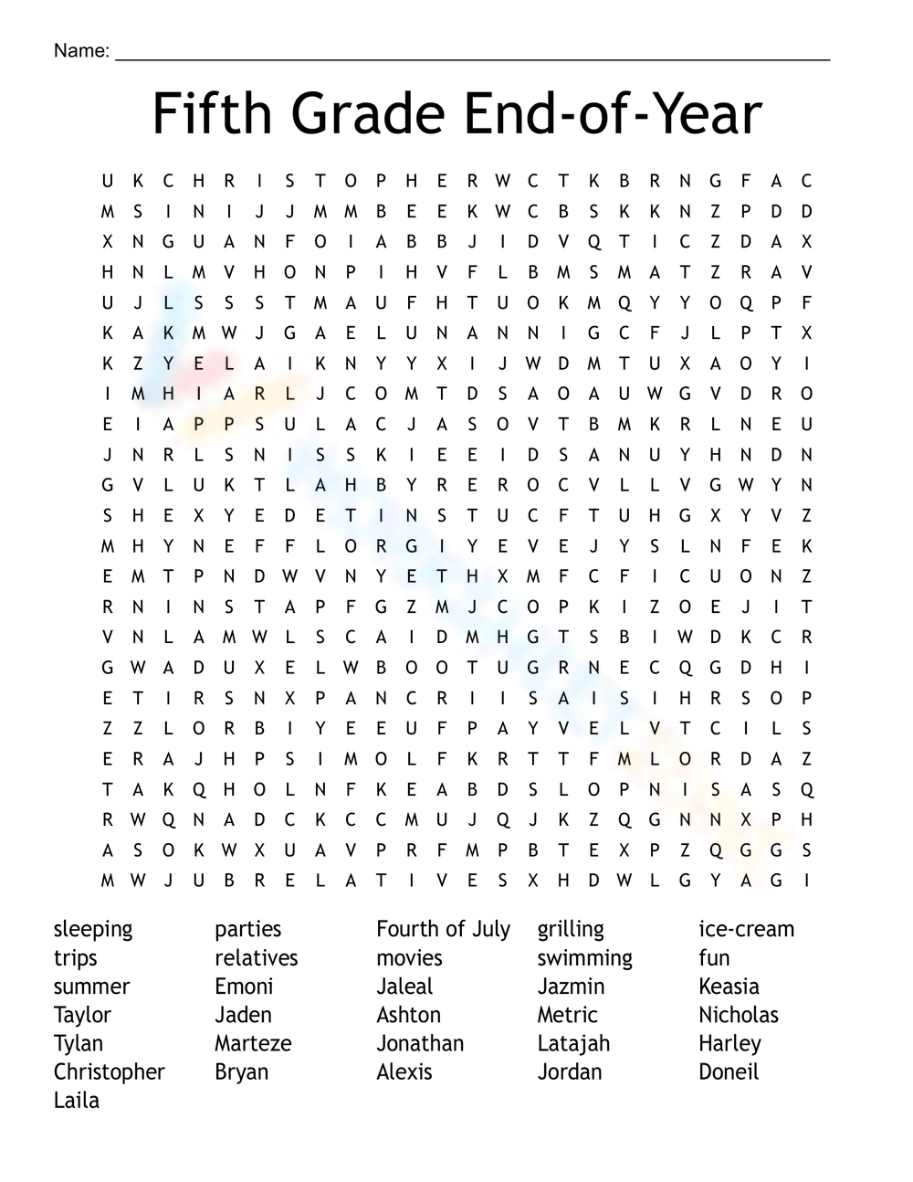 End Of The Year Word Search