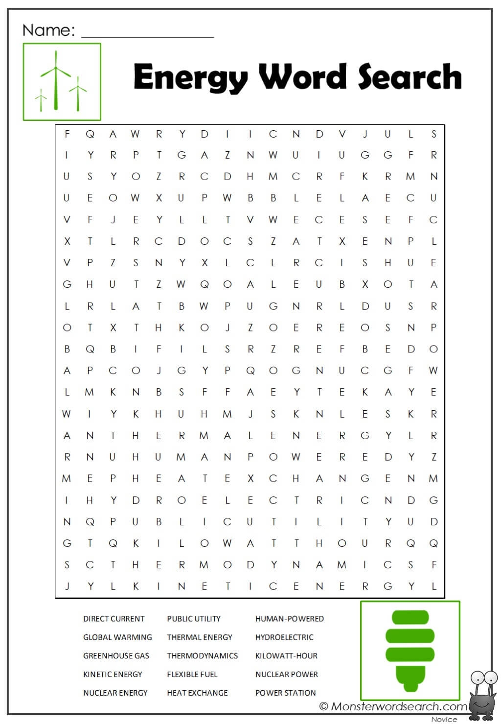 Energy Word Search Monster Word Search