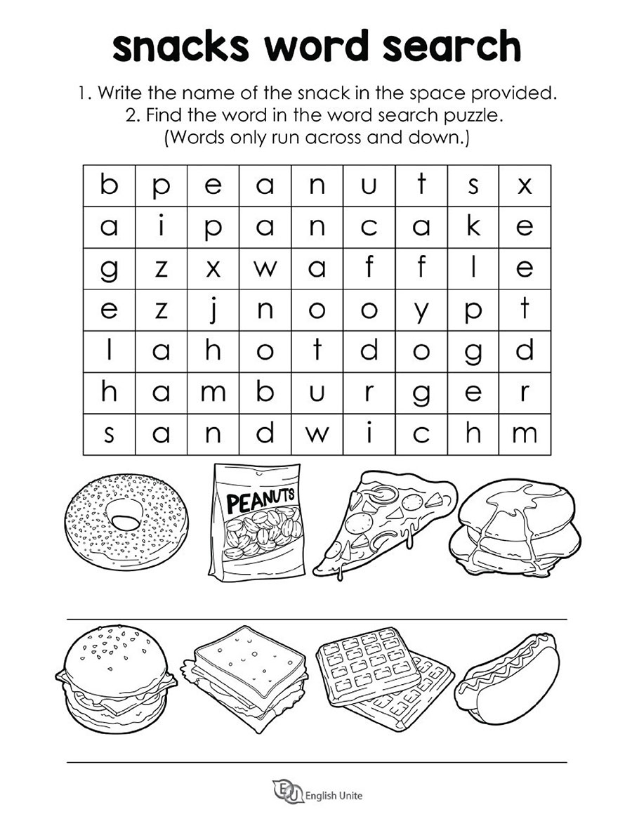 English Unite Snacks And Fast Food Word Search Puzzle