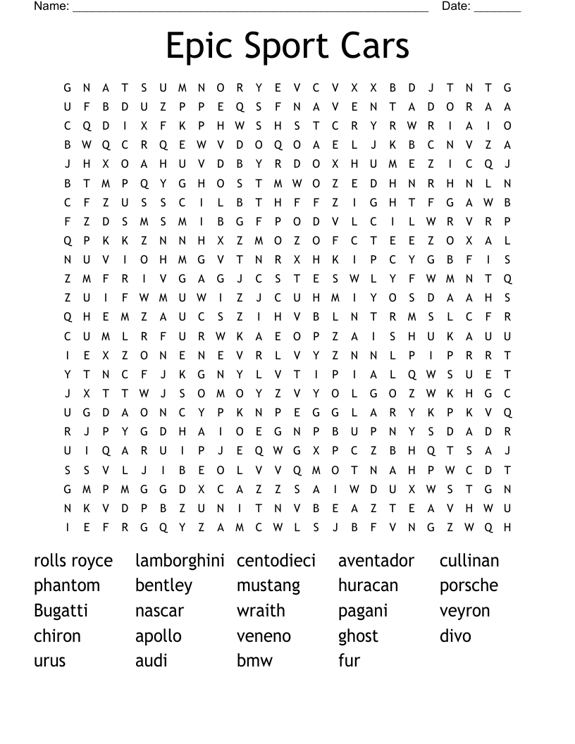 Epic Sport Cars Word Search WordMint