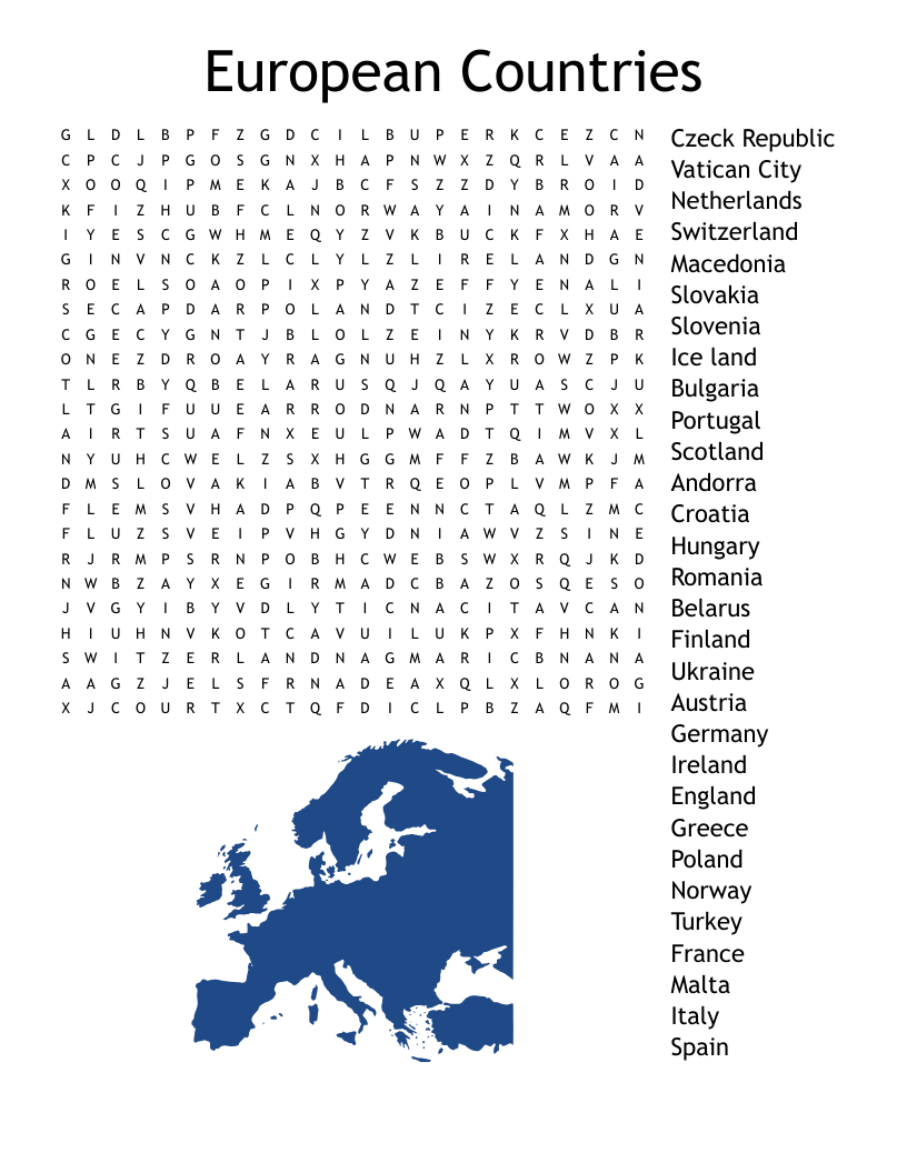 European Countries Word Search Printable