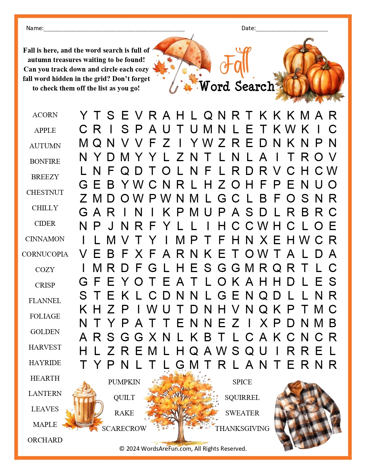 Fall Word Search Printable For Adults