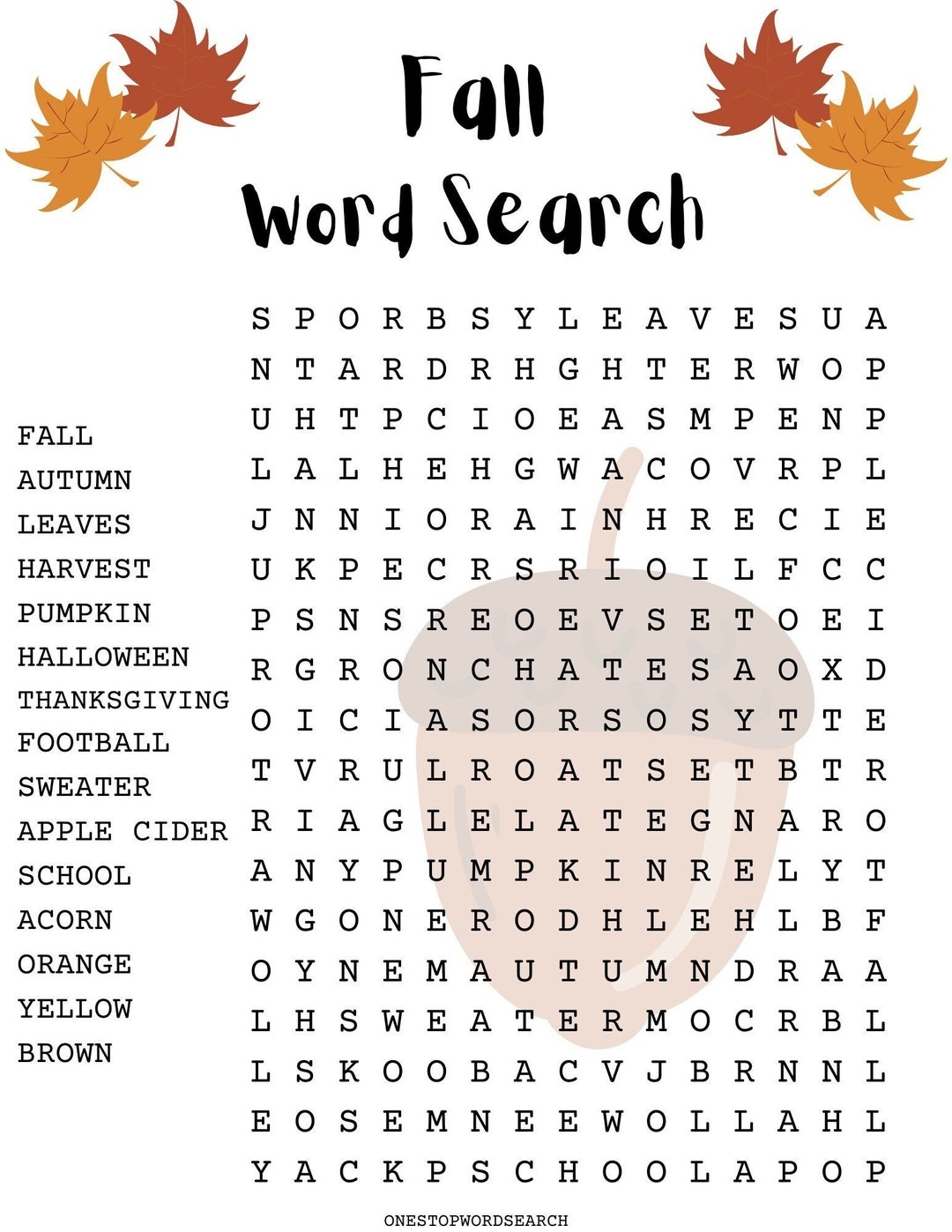 Fall Word Search Puzzle Printable