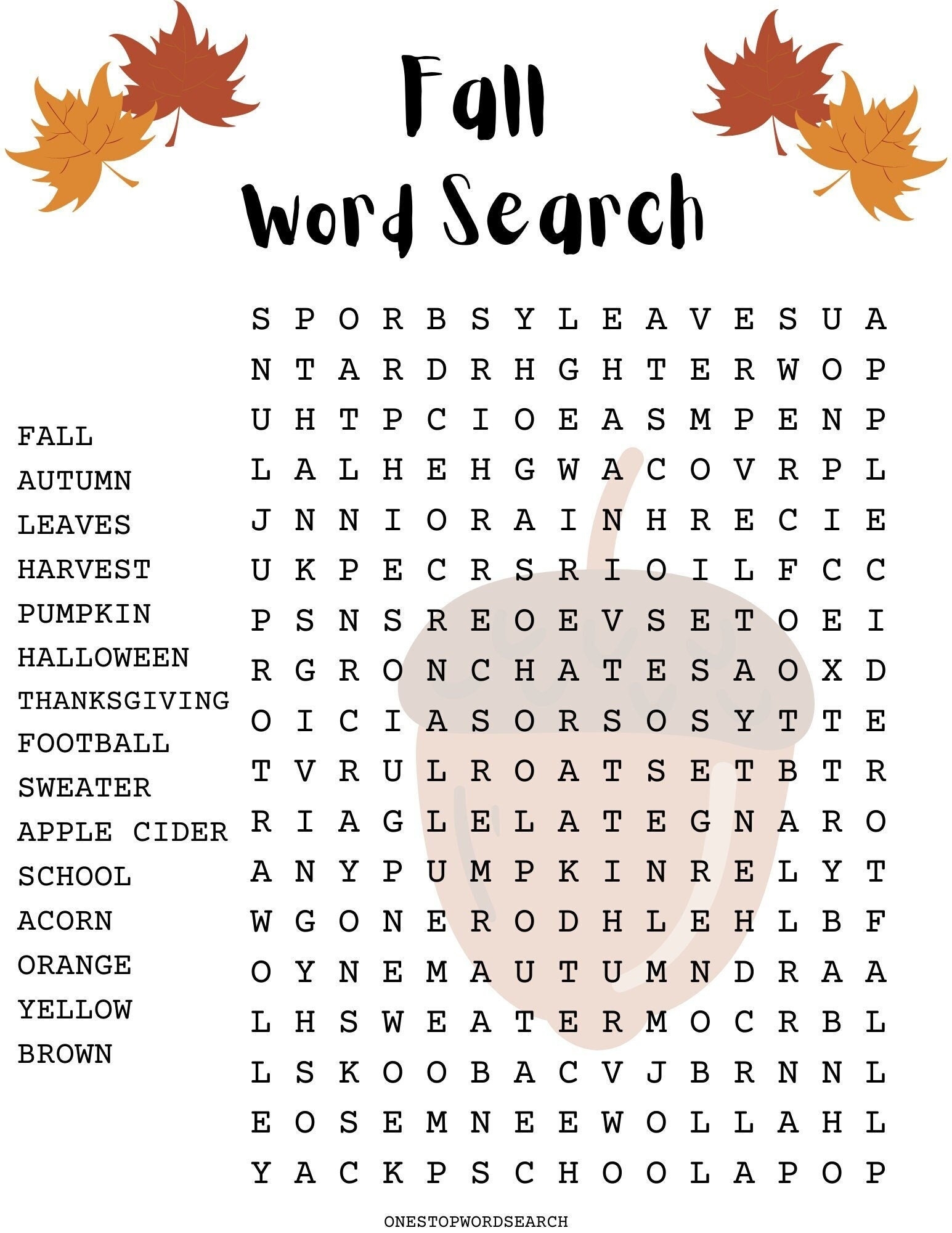 Fall Word Search Free Printable Pdf