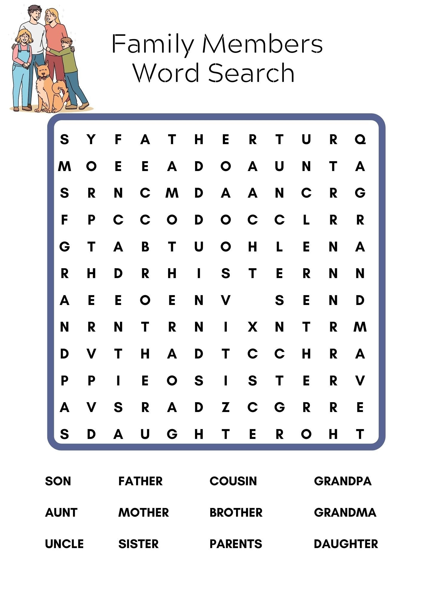 Family Members Word Search Printable Word Search Family Game Night Games Search Reunion Party